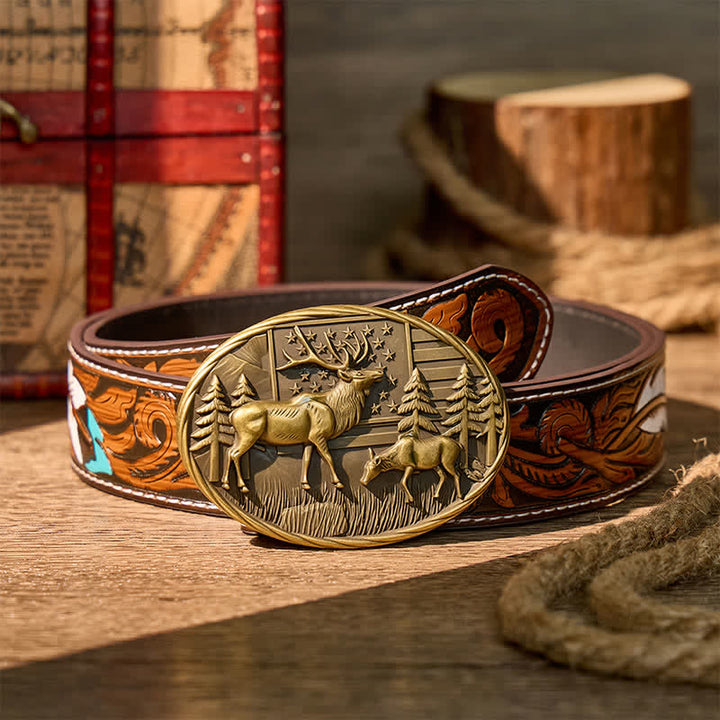 Patriotic Wildlife Elk With American Flag DIY Buckle Leather Belt - Bronze - Brown Feather Belt - 40 - image 7
