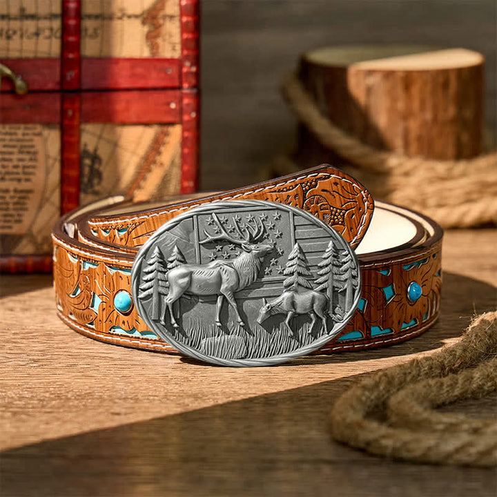 Patriotic Wildlife Elk With American Flag DIY Buckle Leather Belt - Silver - Turquoise Carved Belt - 42 - image 11