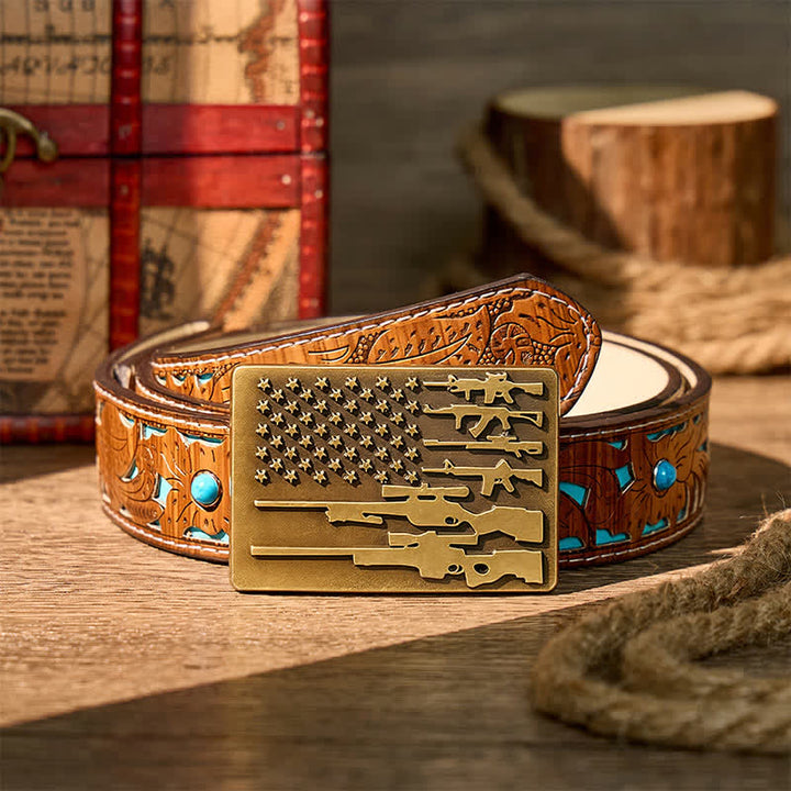 The Patriot Rifle Flag DIY Cowboy Shooting Buckle Leather Belt - Bronze - Turquoise Carved Belt - 42 - image 3