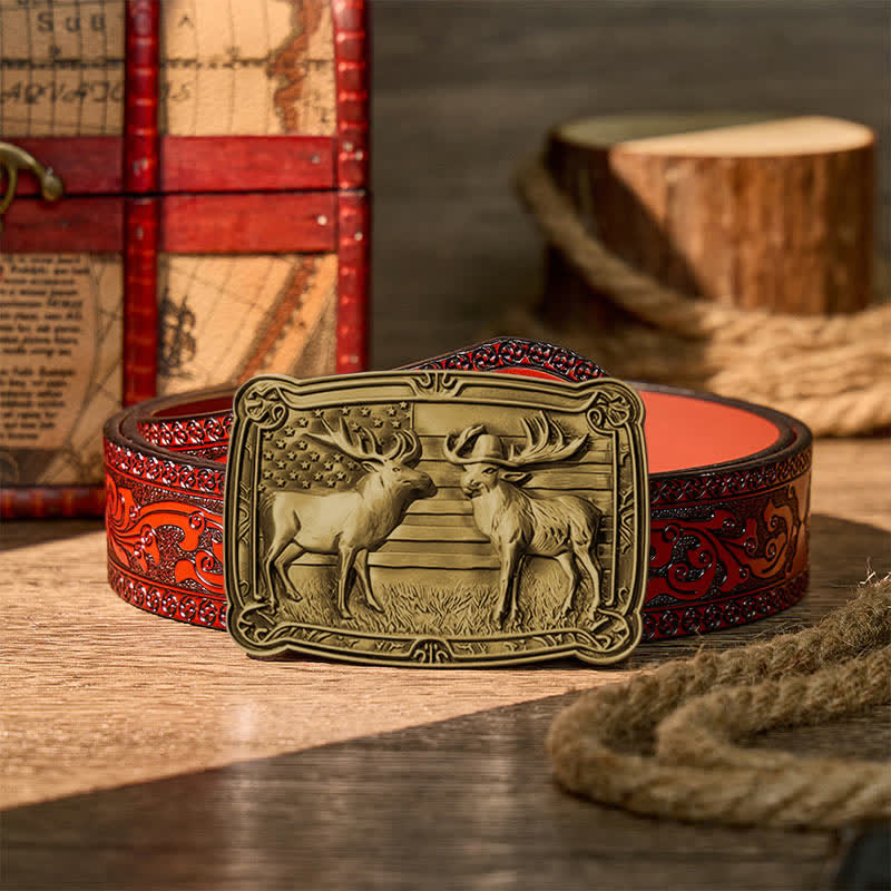 Patriotic Wildlife Two Elks Duel Western DIY Buckle Leather Belt - Bronze - Brown Carved Belt - 42 - image 14