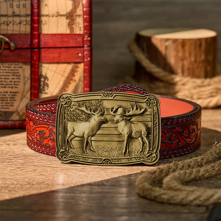 Patriotic Wildlife Two Elks Duel Western DIY Buckle Leather Belt - Bronze - Brown Carved Belt - 42 - image 14