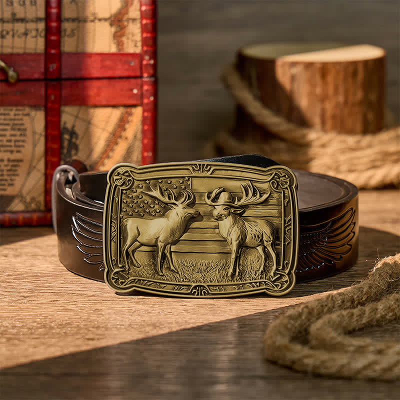 Patriotic Wildlife Two Elks Duel Western DIY Buckle Leather Belt - Bronze - Black Embossed Eagle Belt - 42 - image 10