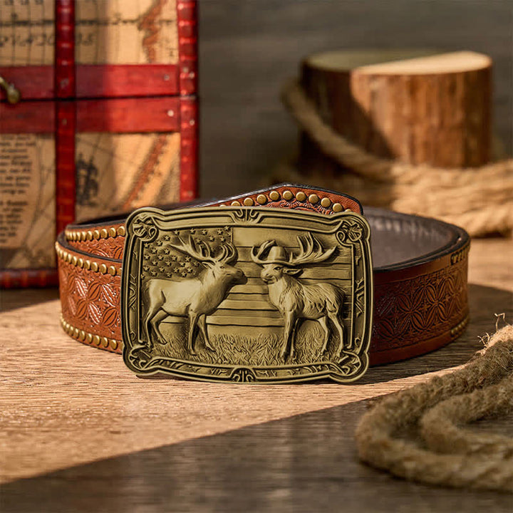 Patriotic Wildlife Two Elks Duel Western DIY Buckle Leather Belt - Bronze - Brown Rivet Belt - 42 - image 12