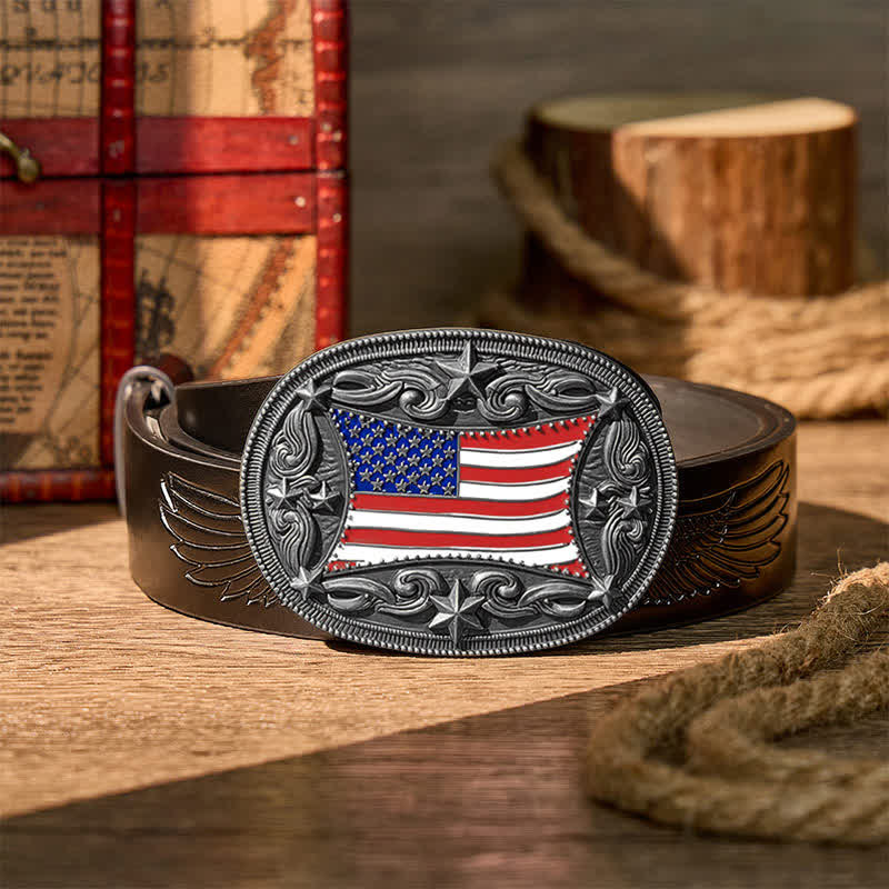 Patriotic Enameled American Flag DIY Buckle Leather Belt - Silver - Black Embossed Eagle Belt - 42 - image 10