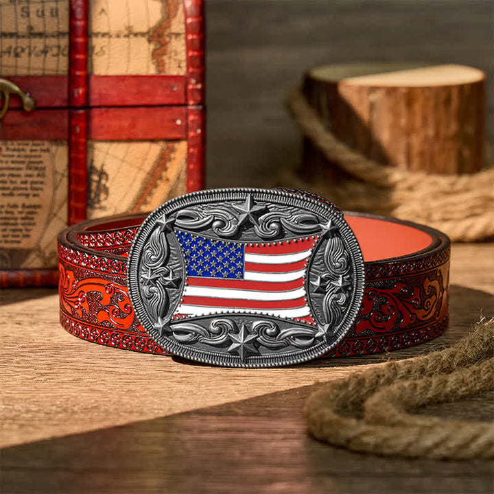 Patriotic Enameled American Flag DIY Buckle Leather Belt - Silver - Brown Carved Belt - 42 - image 14