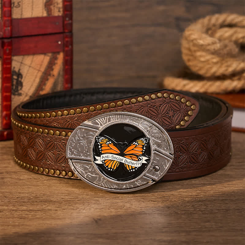 Anti-Social Butterfly DIY Hidden Folding Knife Buckle Leather Belt - Butterfly - Brown Rivet Belt - 42 - image 4
