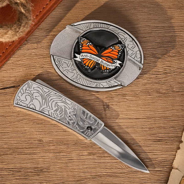 Anti-Social Butterfly DIY Hidden Folding Knife Buckle Leather Belt - image 1
