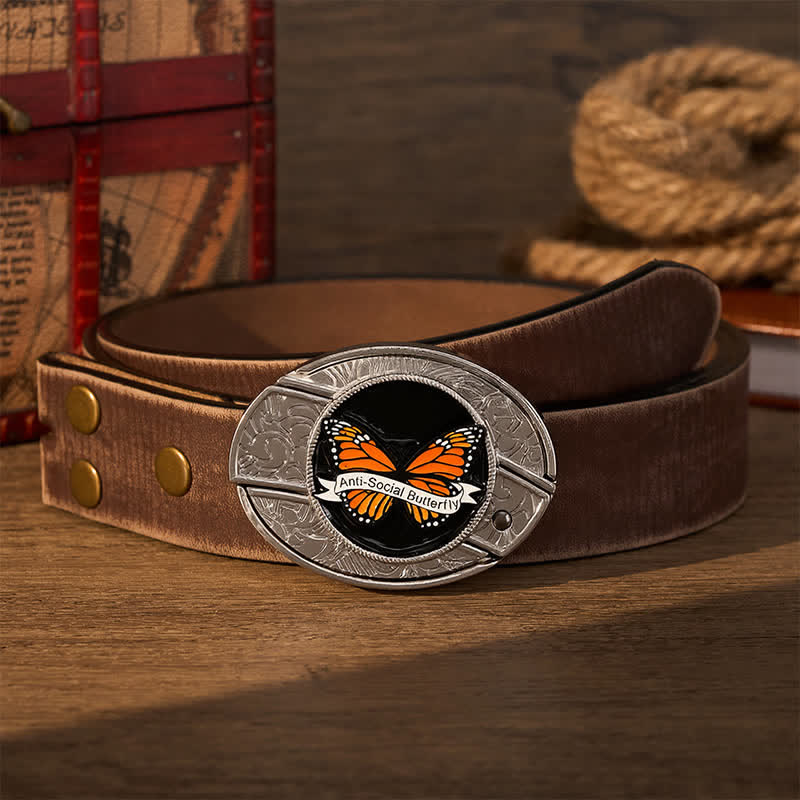 Anti-Social Butterfly DIY Hidden Folding Knife Buckle Leather Belt - Butterfly - Brown Distressed Belt - 42 - image 5