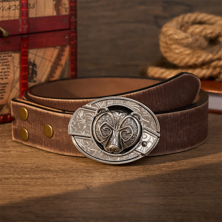 Tribal Silver Guardian Bear Head DIY Hidden Folding Knife Buckle Leather Belt - Bear - Brown Distressed Belt - 42 - image 7