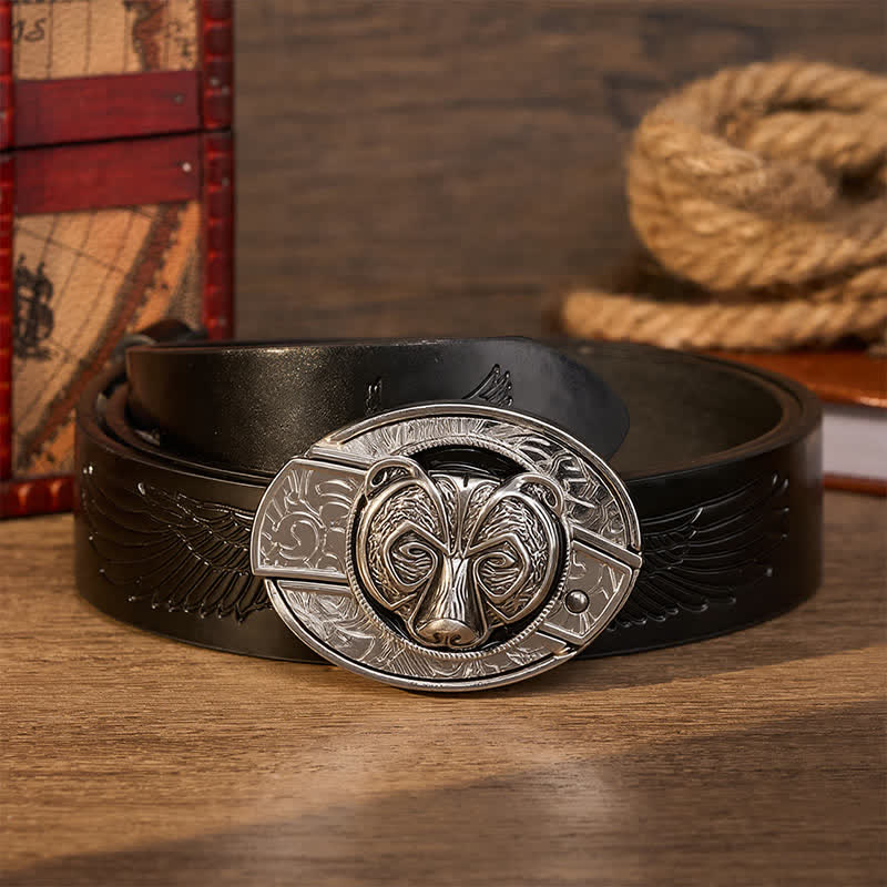 Tribal Silver Guardian Bear Head DIY Hidden Folding Knife Buckle Leather Belt - Bear - Black Embossed Eagle Belt - 42 - image 3