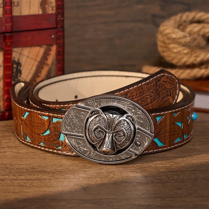 Tribal Silver Guardian Bear Head DIY Hidden Folding Knife Buckle Leather Belt - Bear - Turquoise Carved Belt - 42 - image 4