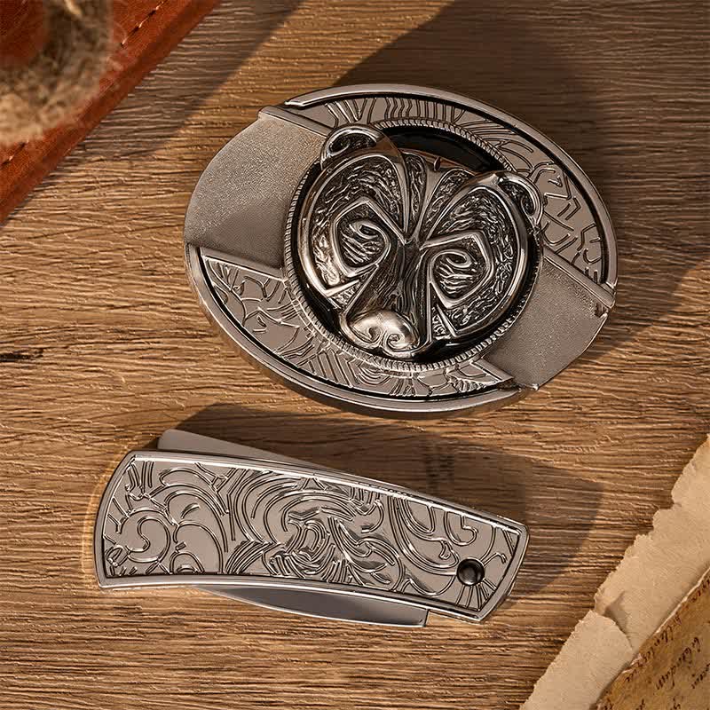 Tribal Silver Guardian Bear Head DIY Hidden Folding Knife Buckle Leather Belt - image 2