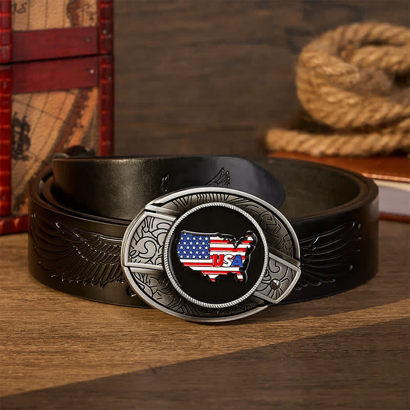 American Pride USA Map Flag DIY Hidden Folding Knife Buckle Leather Belt - USA Flag - Black Embossed Eagle Belt - 42 - image 2