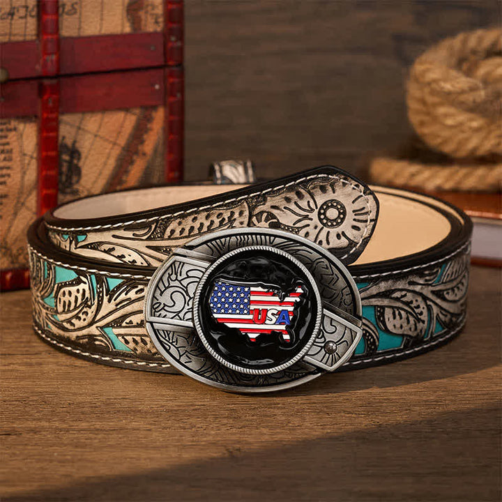 American Pride USA Map Flag DIY Hidden Folding Knife Buckle Leather Belt - USA Flag - Gray Floral Belt - 42 - image 8