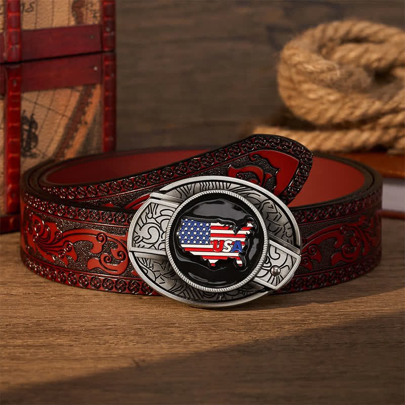 American Pride USA Map Flag DIY Hidden Folding Knife Buckle Leather Belt - USA Flag - Brown Carved Belt - 42 - image 6