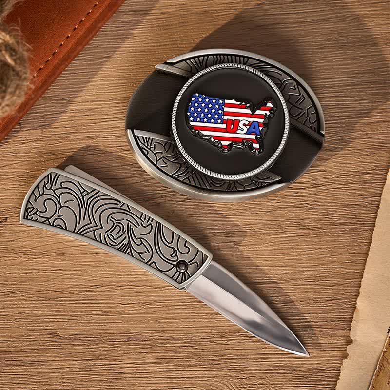 American Pride USA Map Flag DIY Hidden Folding Knife Buckle Leather Belt - image 1