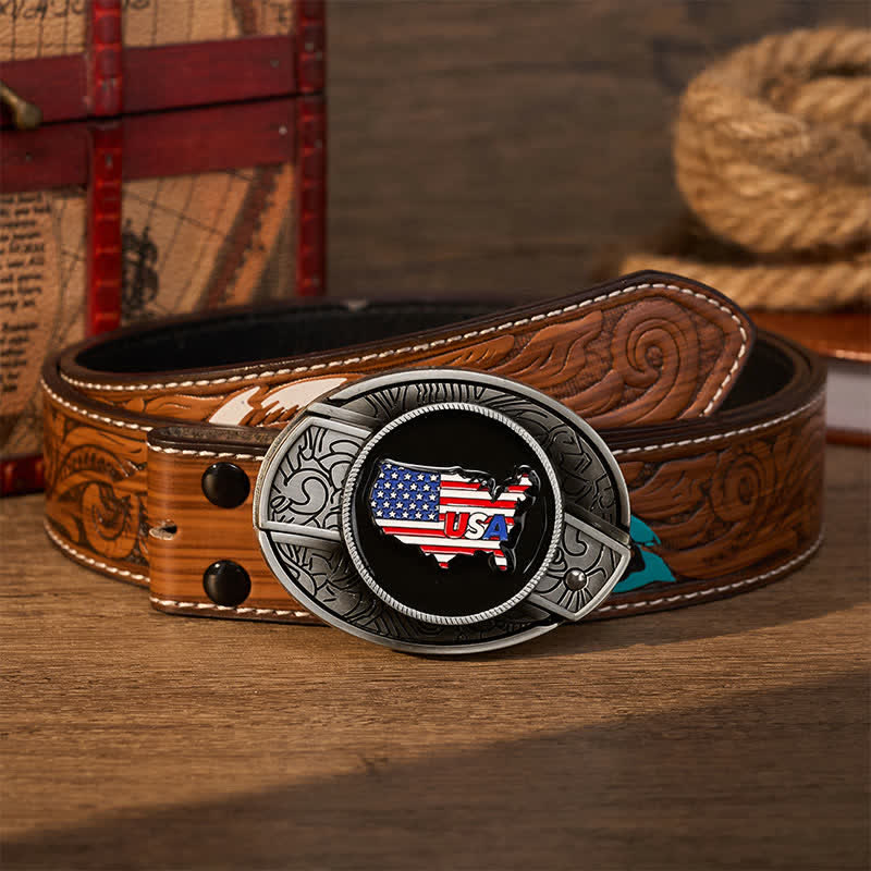 American Pride USA Map Flag DIY Hidden Folding Knife Buckle Leather Belt - USA Flag - Brown Feather Belt - 40 - image 7