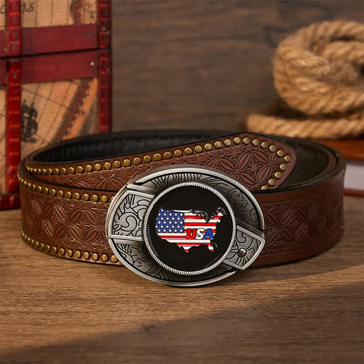 American Pride USA Map Flag DIY Hidden Folding Knife Buckle Leather Belt - USA Flag - Brown Rivet Belt - 42 - image 4