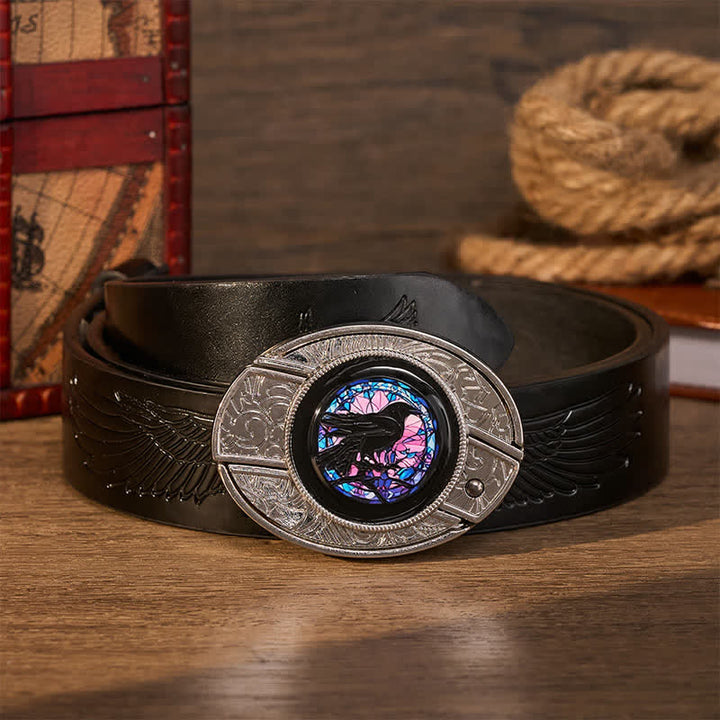 Midnight Raven's Window DIY Hidden Folding Knife Buckle Leather Belt - Raven's Window - Black Embossed Eagle Belt - 42 - image 2