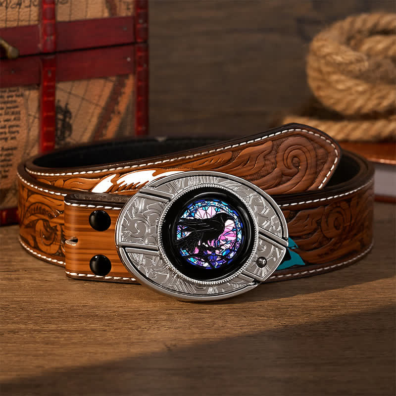 Midnight Raven's Window DIY Hidden Folding Knife Buckle Leather Belt - Raven's Window - Brown Feather Belt - 40 - image 7