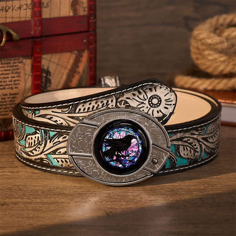 Midnight Raven's Window DIY Hidden Folding Knife Buckle Leather Belt - Raven's Window - Gray Floral Belt - 42 - image 8