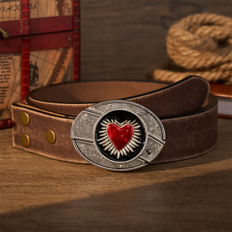 Flaming Red Heart DIY Hidden Folding Knife Buckle Leather Belt - Red Sacred Heart - Brown Distressed Belt - 42 - image 5