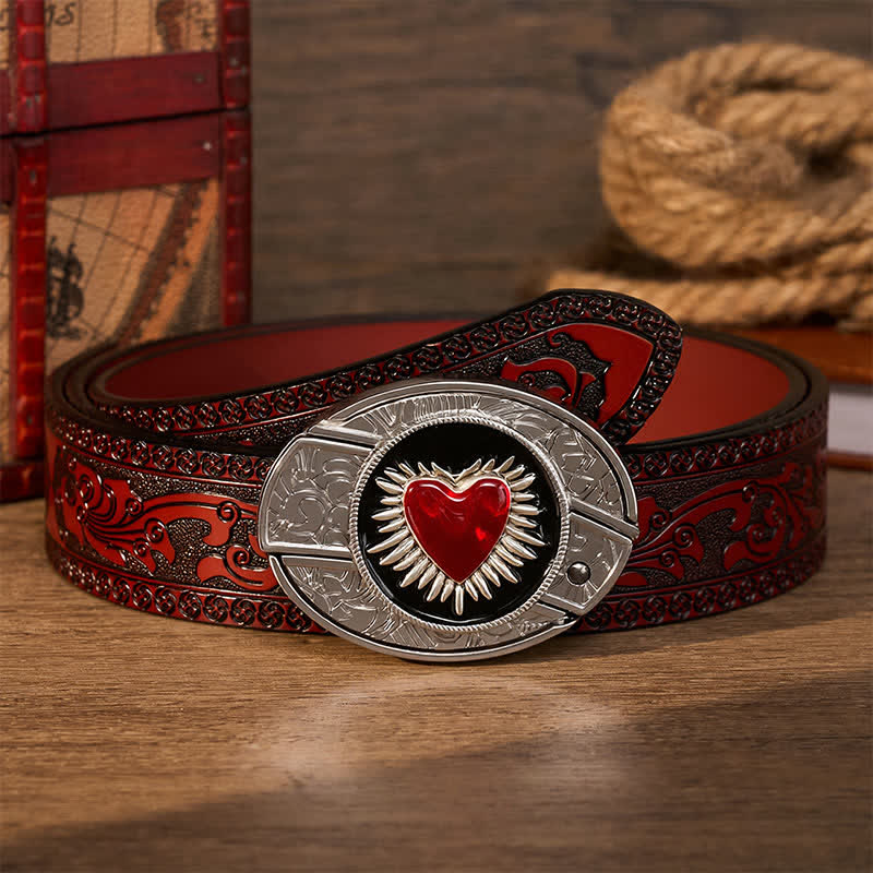 Flaming Red Heart DIY Hidden Folding Knife Buckle Leather Belt - Red Sacred Heart - Brown Carved Belt - 42 - image 6