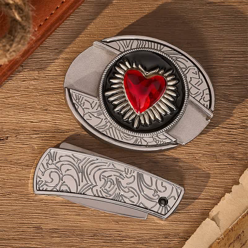 Flaming Red Heart DIY Hidden Folding Knife Buckle Leather Belt - image 10