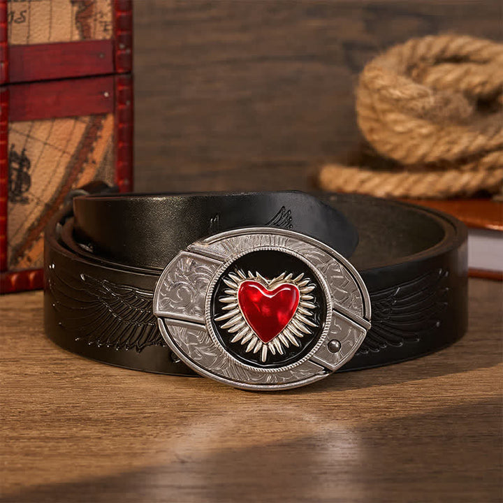 Flaming Red Heart DIY Hidden Folding Knife Buckle Leather Belt - Red Sacred Heart - Black Embossed Eagle Belt - 42 - image 2