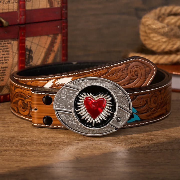 Flaming Red Heart DIY Hidden Folding Knife Buckle Leather Belt - Red Sacred Heart - Brown Feather Belt - 40 - image 7