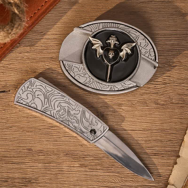 Bat Wing Dark Love Skull DIY Hidden Folding Knife Buckle Leather Belt - image 1