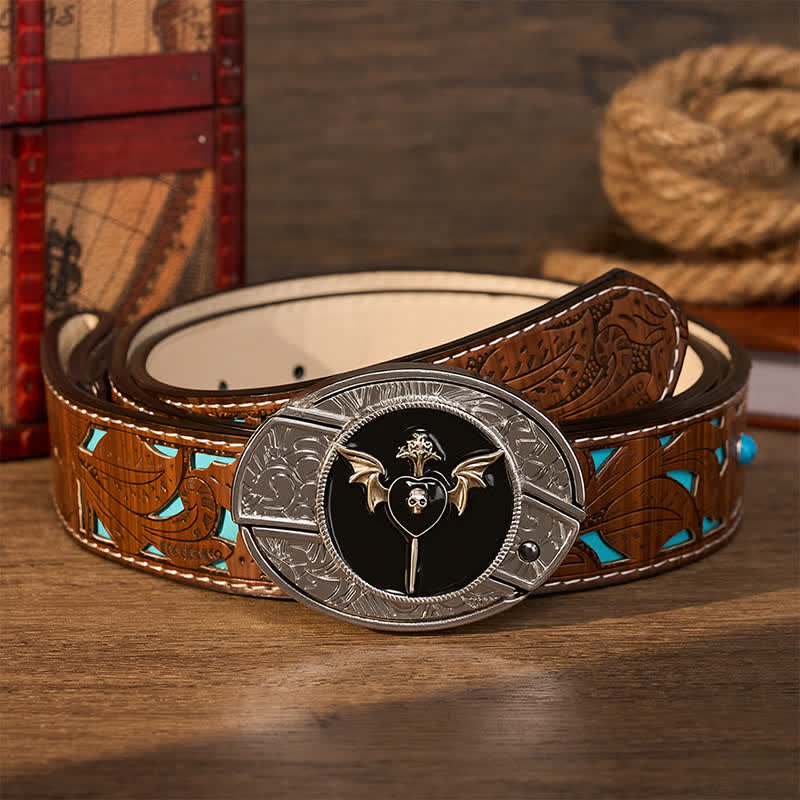 Bat Wing Dark Love Skull DIY Hidden Folding Knife Buckle Leather Belt - Dark Love - Turquoise Carved Belt - 42 - image 3