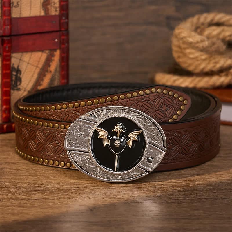 Bat Wing Dark Love Skull DIY Hidden Folding Knife Buckle Leather Belt - Dark Love - Brown Rivet Belt - 42 - image 4