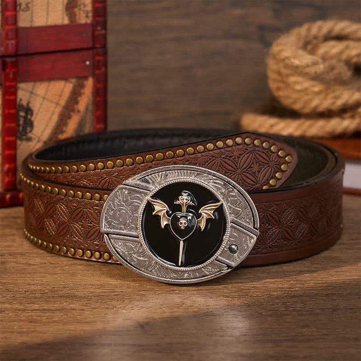 Bat Wing Dark Love Skull DIY Hidden Folding Knife Buckle Leather Belt - Dark Love - Brown Rivet Belt - 42 - image 4
