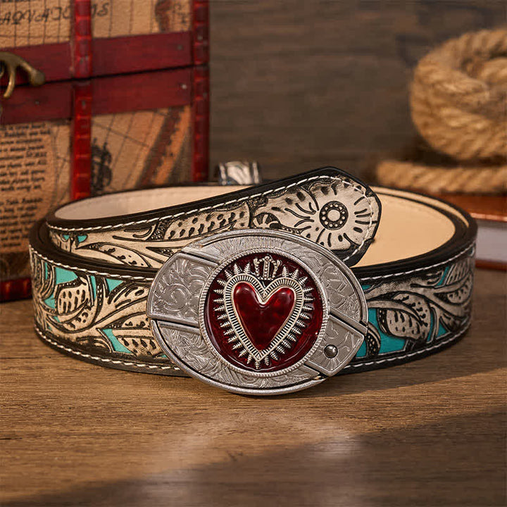 Red Crowned Heart DIY Hidden Folding Knife Buckle Leather Belt - Red Crowned Heart - Gray Floral Belt - 42 - image 8