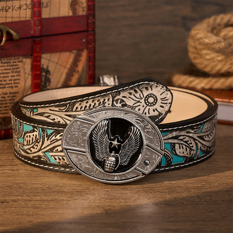 Winged Star Grenade DIY Hidden Folding Knife Buckle Leather Belt - Winged Star Grenade - Gray Floral Belt - 42 - image 8