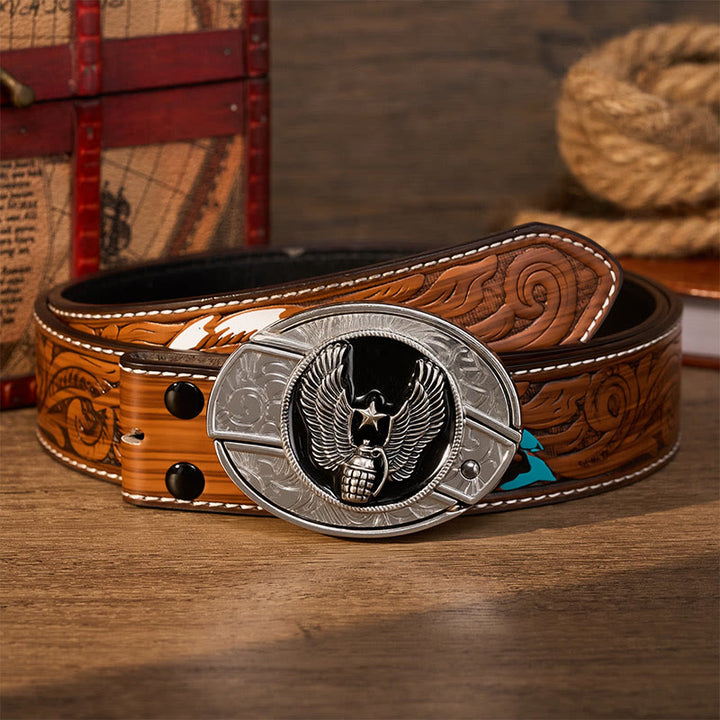 Winged Star Grenade DIY Hidden Folding Knife Buckle Leather Belt - Winged Star Grenade - Brown Feather Belt - 40 - image 7