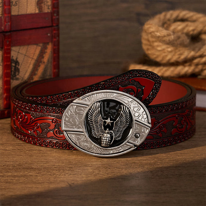 Winged Star Grenade DIY Hidden Folding Knife Buckle Leather Belt - Winged Star Grenade - Brown Carved Belt - 42 - image 6