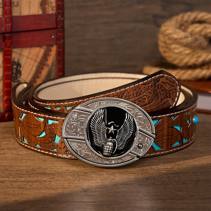 Winged Star Grenade DIY Hidden Folding Knife Buckle Leather Belt - Winged Star Grenade - Turquoise Carved Belt - 42 - image 3