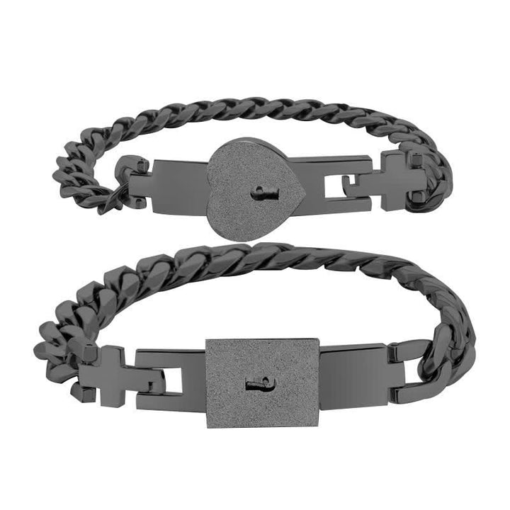 2Pcs Matching Heart Lock And Key Interlocking Couple Bracelets Set - Black - image 12