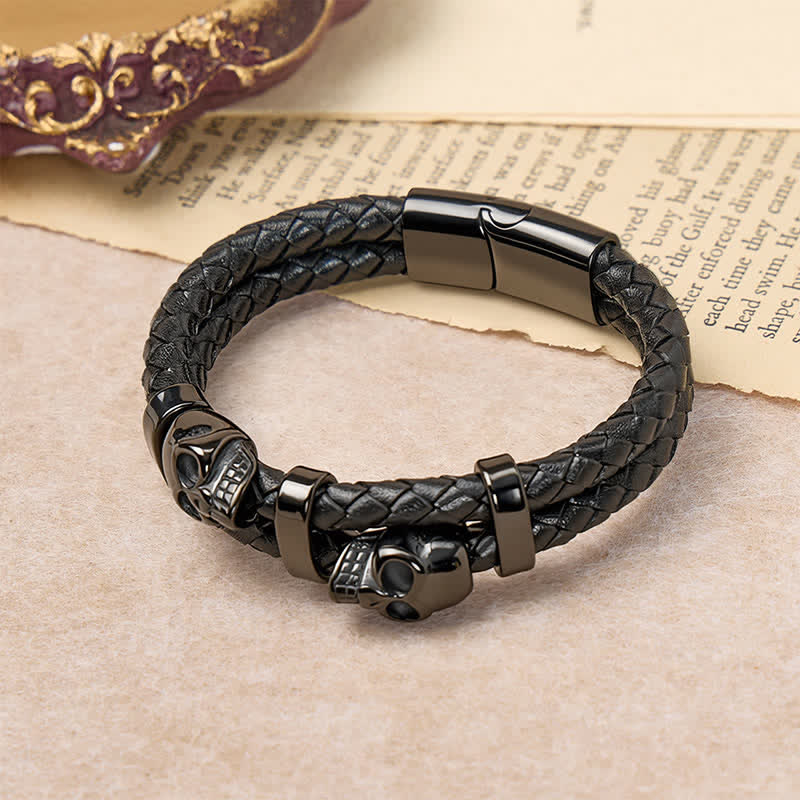 Gothic Double Skull Head Braided Genuine Leather Bracelet - image 2