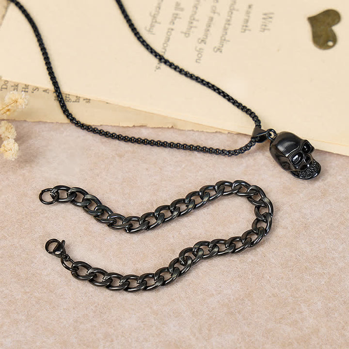 Men's 2Pcs Black Skull Necklace And Cuban Bracelet Set - image 2