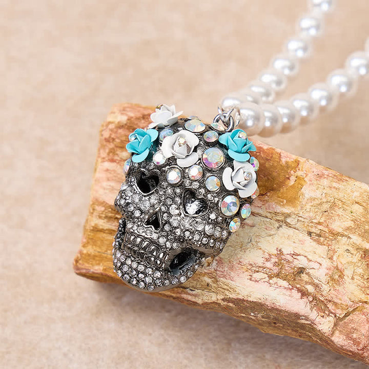 Floral Crystal Rhinestone Sugar Skull Pearl Necklace - image 6