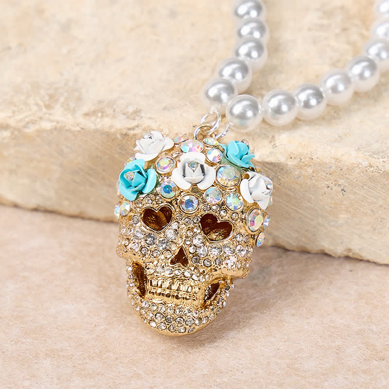 Floral Crystal Rhinestone Sugar Skull Pearl Necklace - Gold - image 0