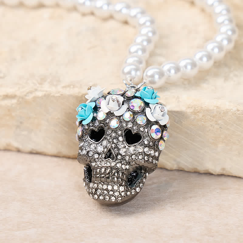 Floral Crystal Rhinestone Sugar Skull Pearl Necklace - Black - image 4