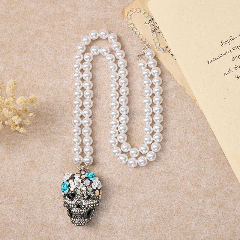 Floral Crystal Rhinestone Sugar Skull Pearl Necklace - image 5