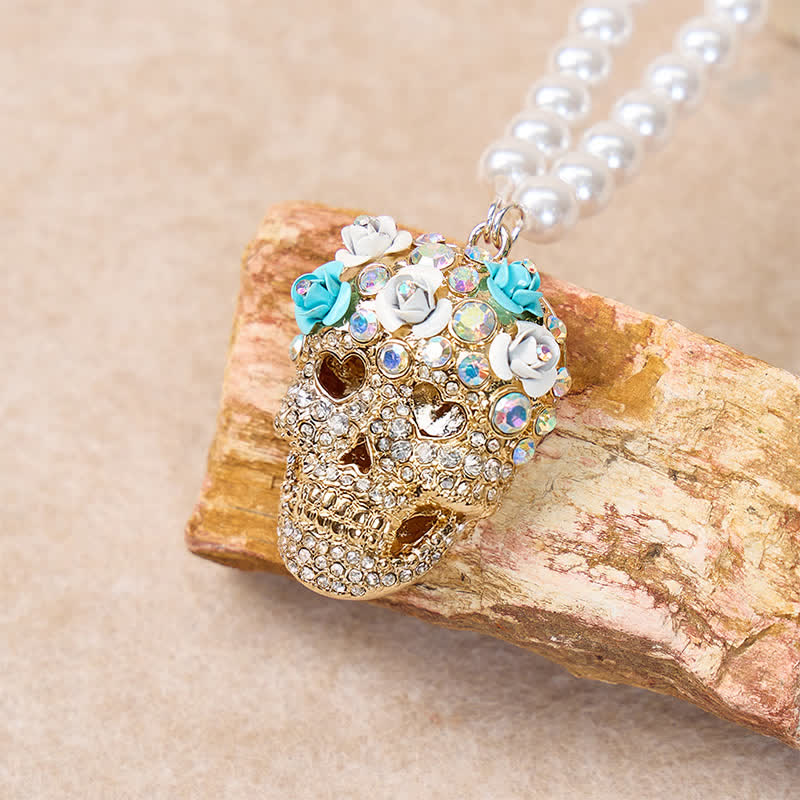 Floral Crystal Rhinestone Sugar Skull Pearl Necklace - image 3