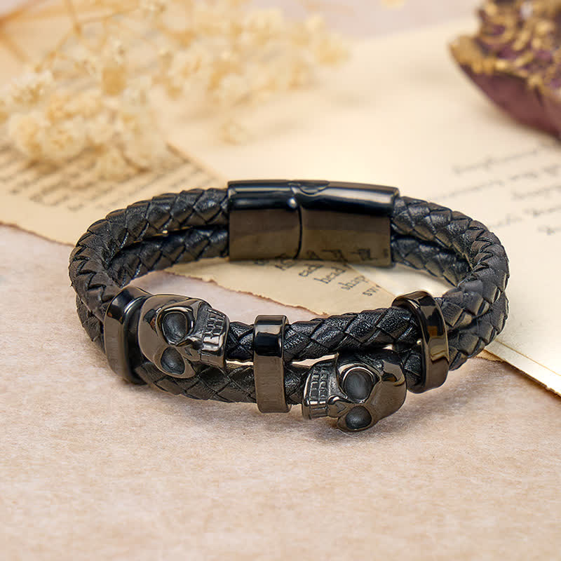 Gothic Double Skull Head Braided Genuine Leather Bracelet - Black - 8.07" / 20.5cm - image 0