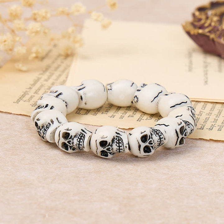 Punk Carved Grunge Skull Resin Beaded Stackable Bracelet - White - image 5