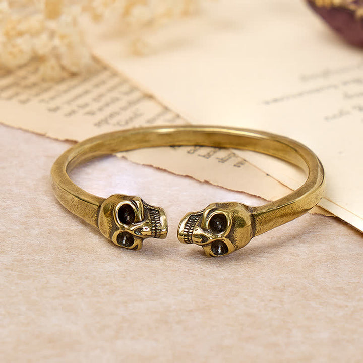 Gothic Bronze Double Skull Heavy Brass Open Cuff Bracelet - Brass - image 0